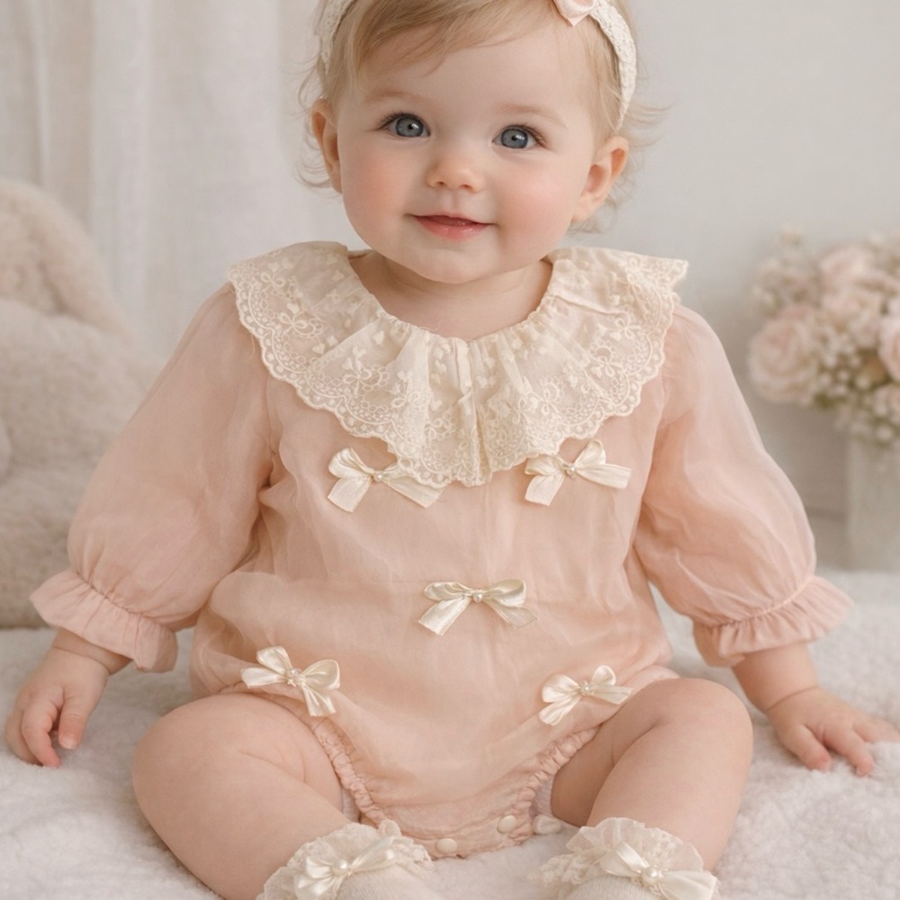 💗 Vintage-Inspired Lace Baby Romper – Soft Peach (Approx. 6–12 Months)